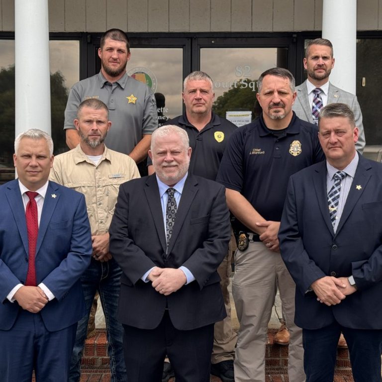 The multi-agency task force includes investigators from four area police departments, in addition to Coosa and Clay. Pictured are Coosa Investigator Travis Ward, Clay County Investigator Trent Adams, Goodwater Police Chief Matt Cook, Rockford Police Chief George Fanning, Ashland Police Chief Joseph Stanford, Sheriff Michael Howell, District Attorney Joseph Ficquette, and Clay County Sheriff Henry Lambert. Photo submitted