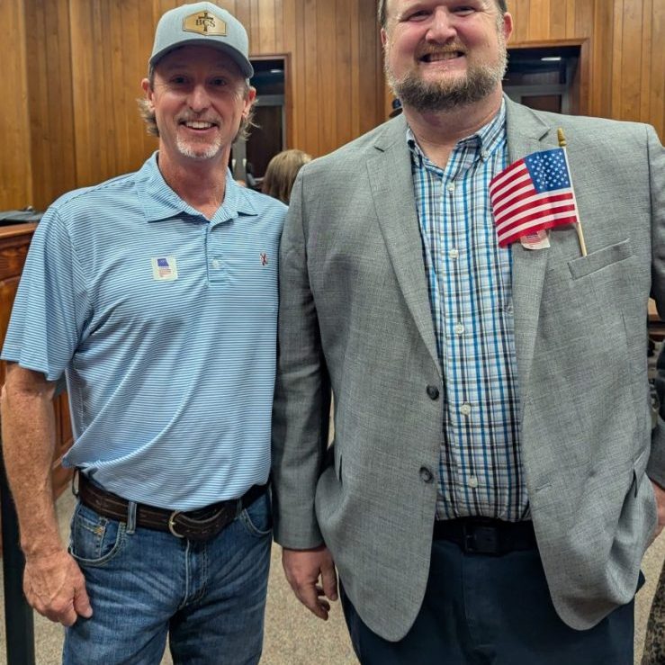 Dillon Adams, left, and Matthew Reams celebrate their primary election wins for County Commission districts 5 and 4, respectively. Photo submitted